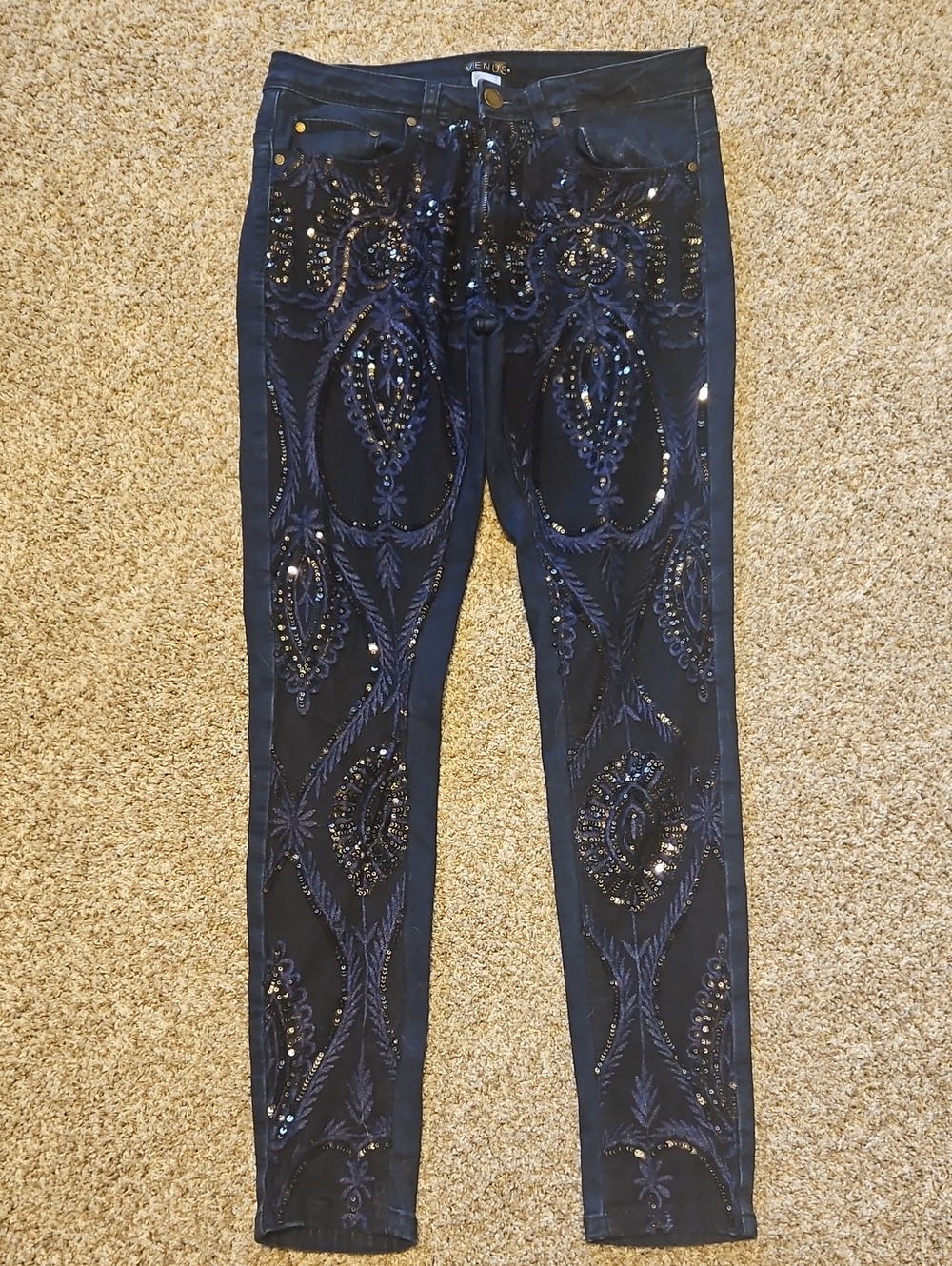 VENUS Navy Sequin Embellished Skinny Pants